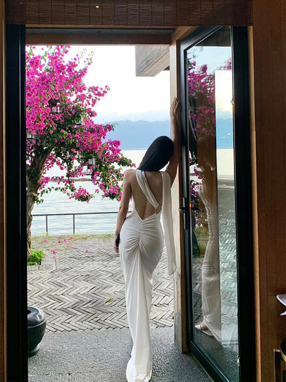 Elegant White One Shoulder Bodycon Satin Dress RF0709