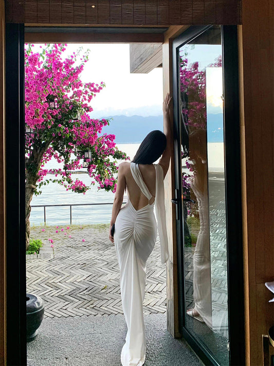 Elegant White One Shoulder Bodycon Satin Dress RF0709
