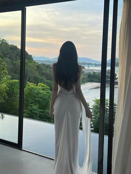 Elegant White One Shoulder Bodycon Satin Dress RF0709