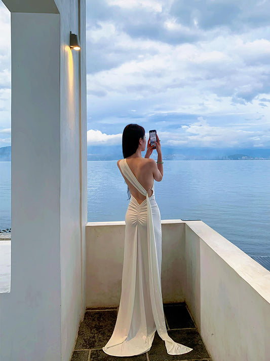 Elegant White One Shoulder Bodycon Satin Dress RF0709