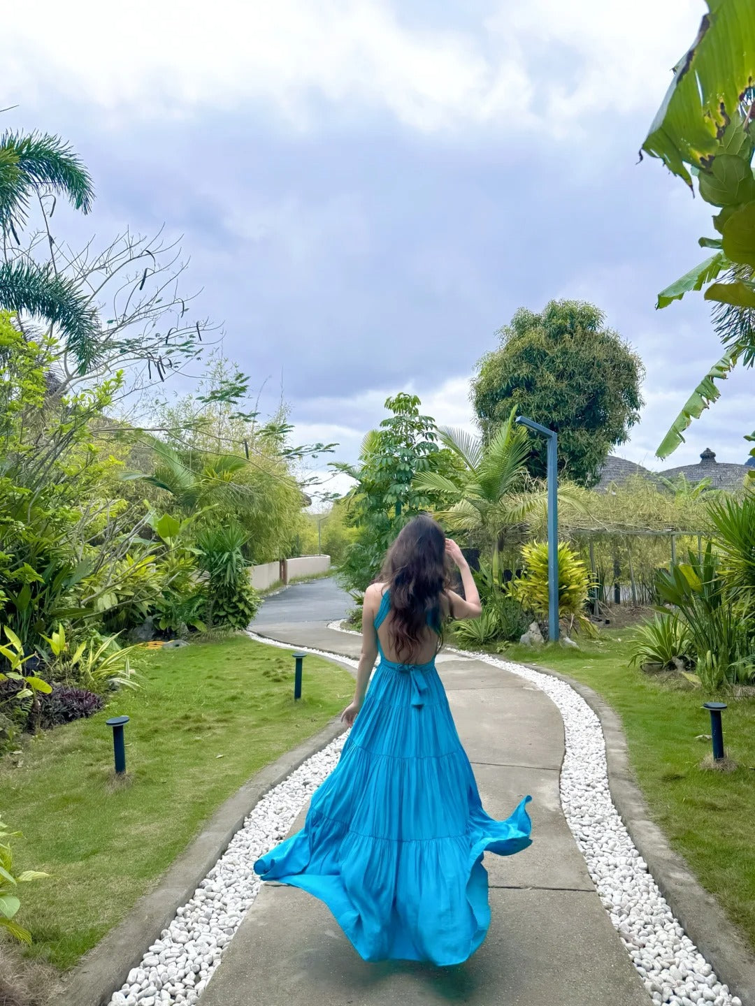 Gorgeous Blue V-Neck A-Line Summer Backless Dress RF0710