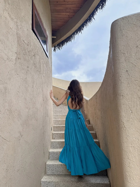 Gorgeous Blue V-Neck A-Line Summer Backless Dress RF0710