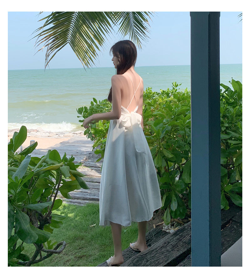 Simple White Strap V Neck Chiffon Summer Backless Dress RF0711