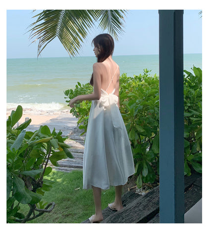 Simple White Strap V Neck Chiffon Summer Backless Dress RF0711