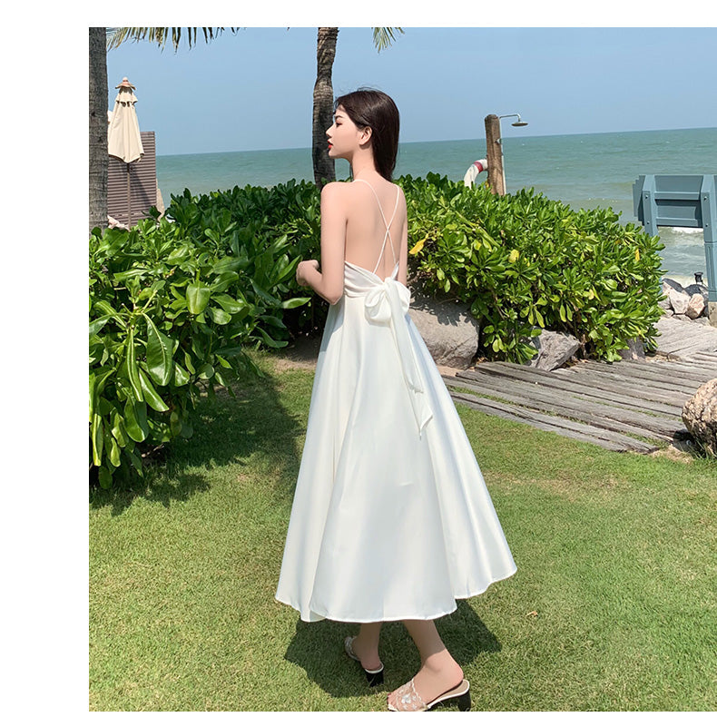 Simple White Strap V Neck Chiffon Summer Backless Dress RF0711