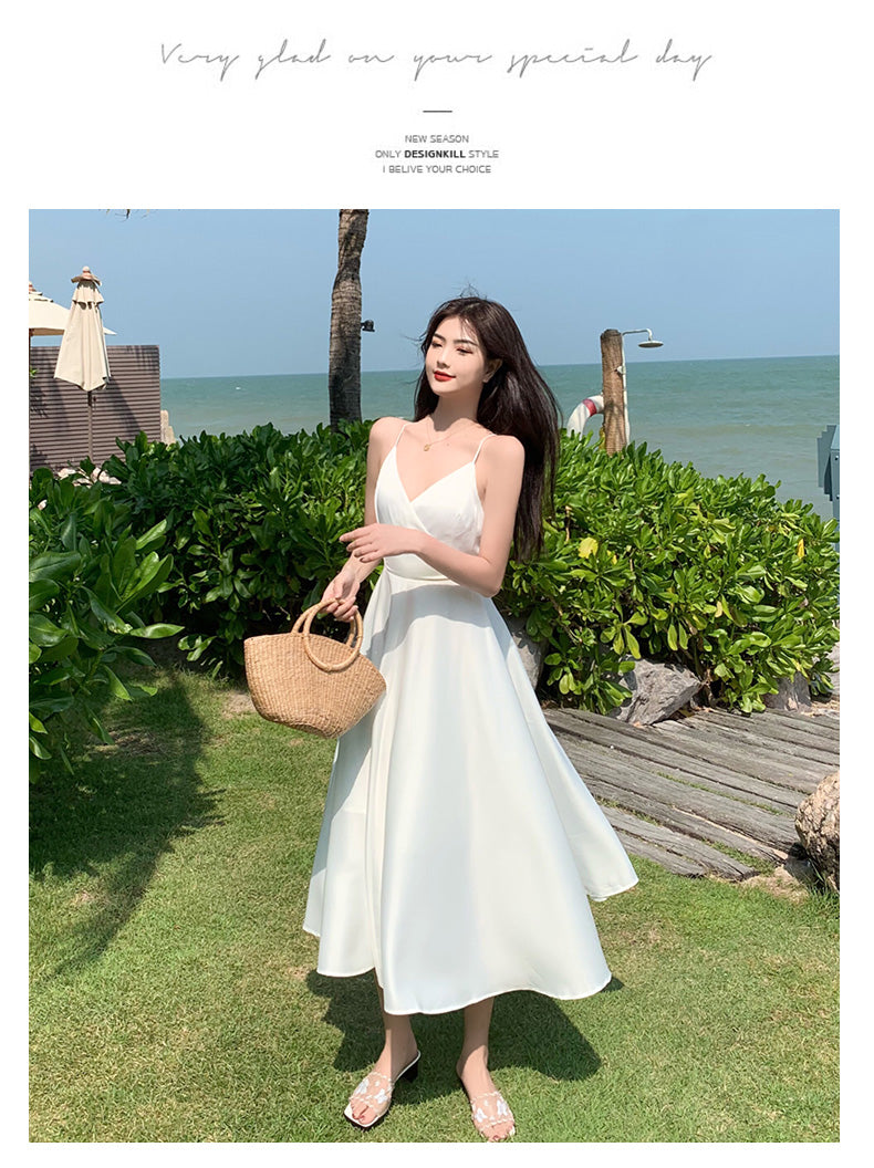Simple White Strap V Neck Chiffon Summer Backless Dress RF0711