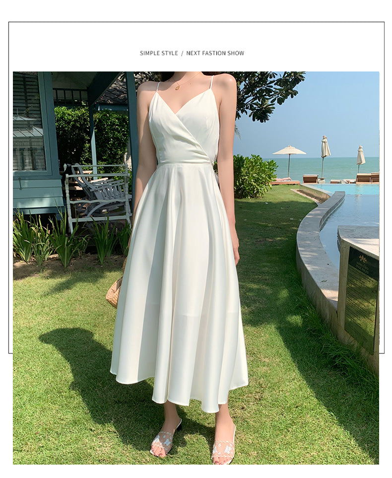 Simple White Strap V Neck Chiffon Summer Backless Dress RF0711