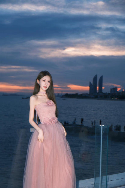Sweet Pink Strapless Tulle Summer Dress RF0712