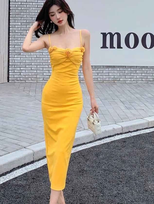 Elegant yellow spaghetti strap summer dress RF0713