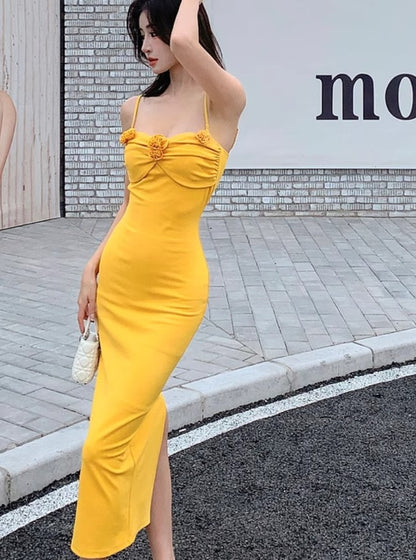 Elegant yellow spaghetti strap summer dress RF0713