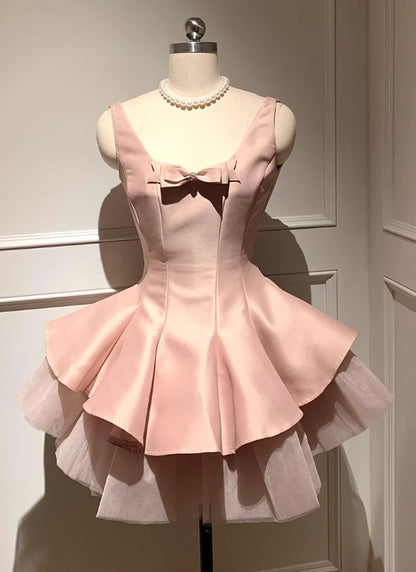 Sweet Pink Scoop Neck A-line Satin Tulle Homecoming Dress Short Evening Gowns RF0714