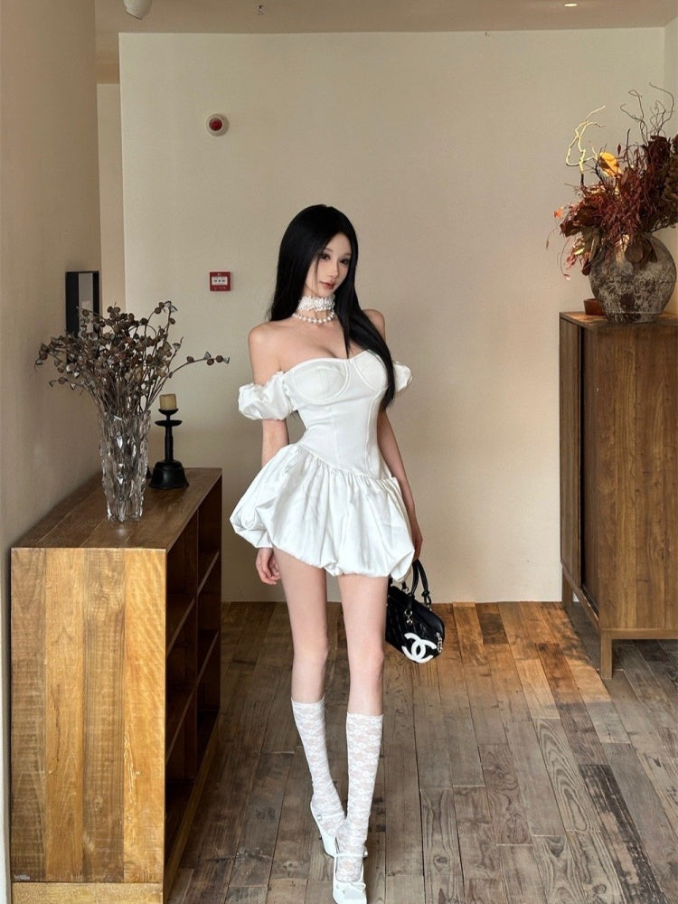 Sexy White Off Shoulder A-Line Satin Short Prom Dresses Homecoming Dress  RF0717