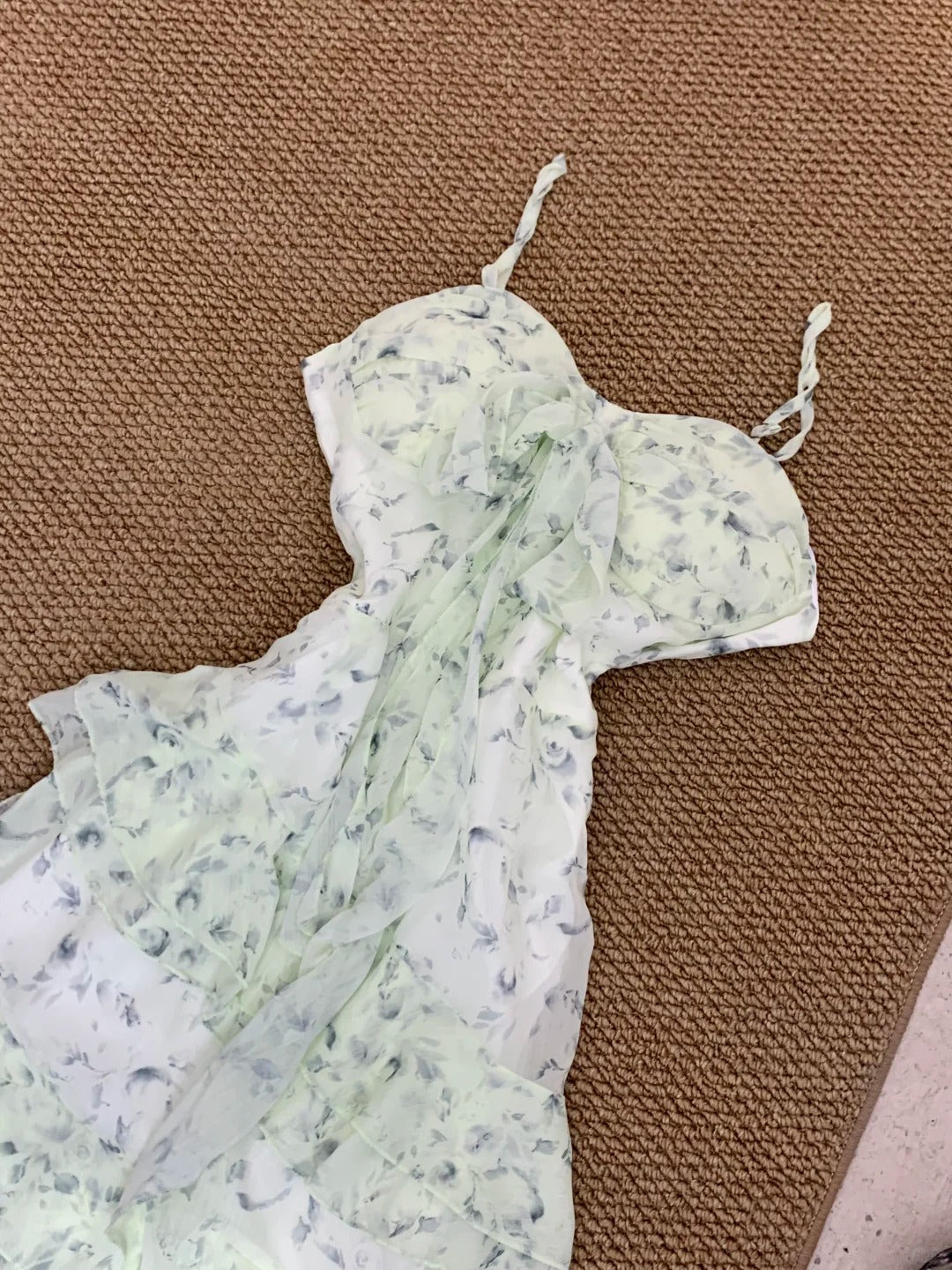 Elegant Light Green Spaghetti Straps Printed Chiffon A-line Hi-Lo Party Dress Homecoming Dress RF0720