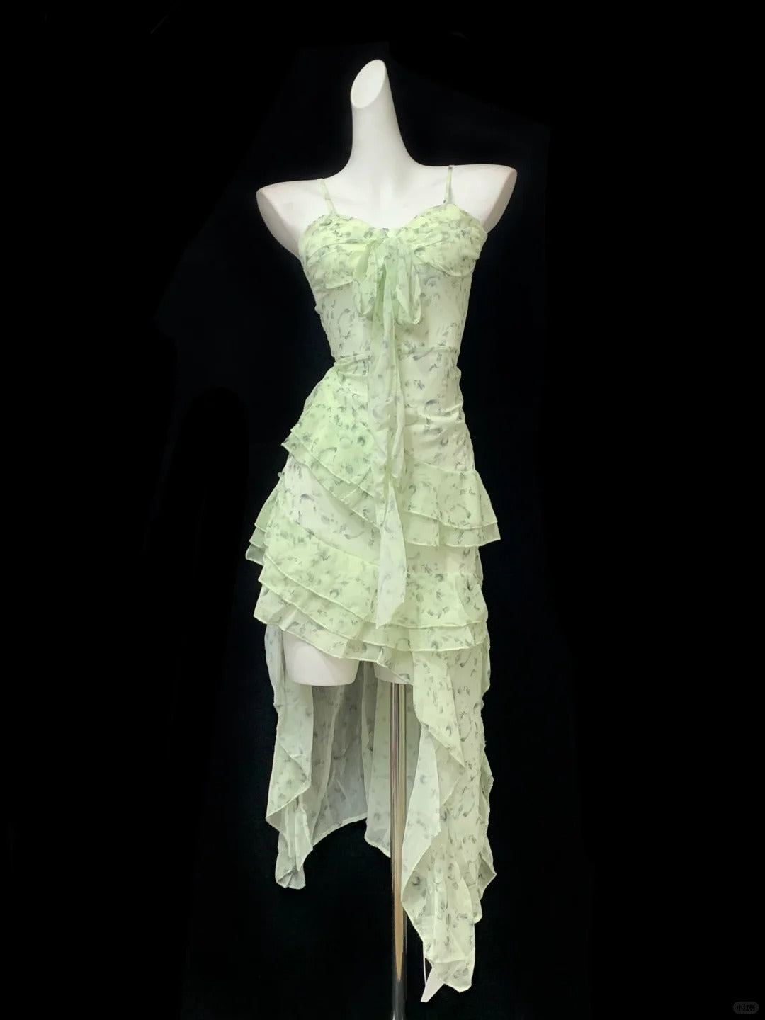Elegant Light Green Spaghetti Straps Printed Chiffon A-line Hi-Lo Party Dress Homecoming Dress RF0720