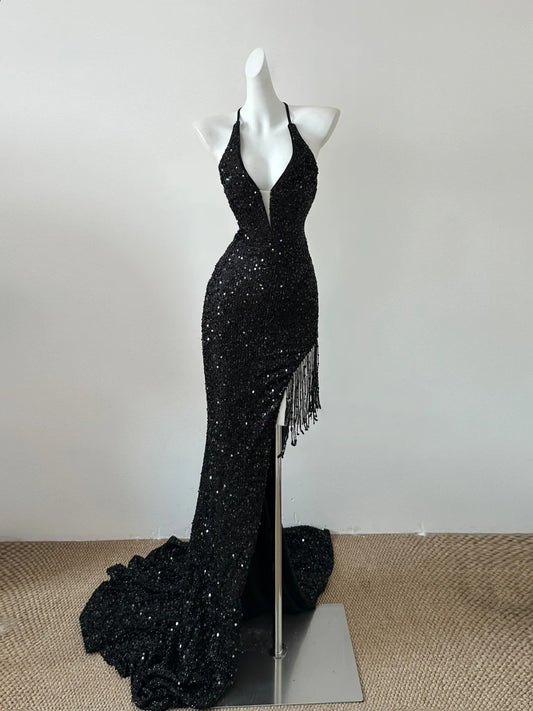 Sexy Black V-neck Mermaid Sequin Long Prom Dress RF0721