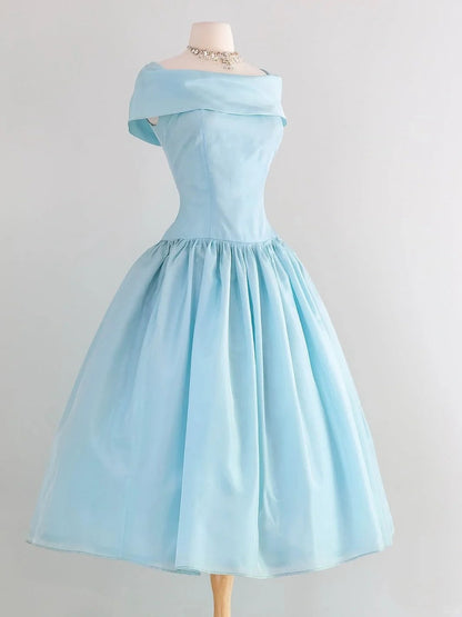 Elegant Blue Off Shoulder A-Line Satin Long Prom Dress Homecoming Dress RF0722