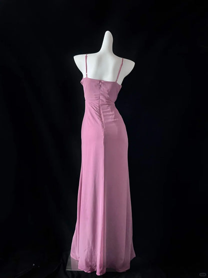 Süßes Rosa Spaghettiträger Etuikleid Chiffon Langes Ballkleid Formales Abendkleid RF0723