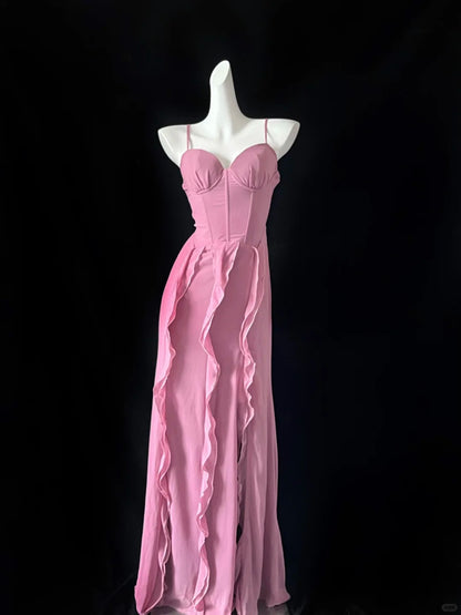 Süßes Rosa Spaghettiträger Etuikleid Chiffon Langes Ballkleid Formales Abendkleid RF0723
