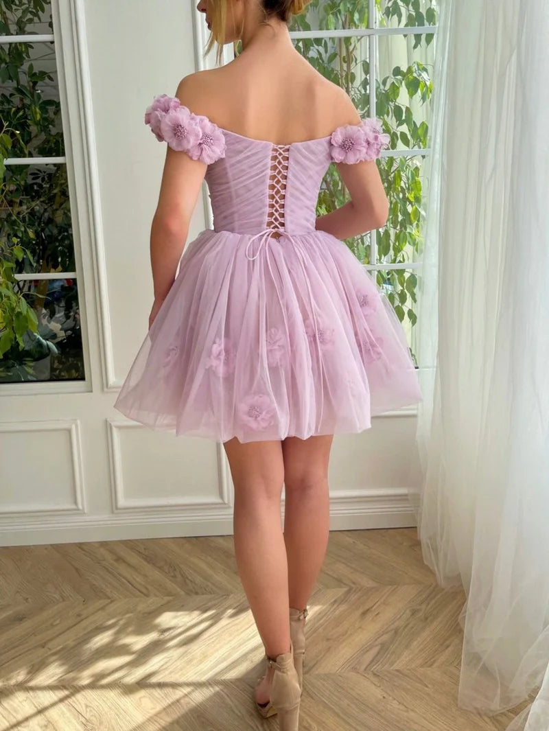 Elegant Purple Off-the-shoulder A-Line Tulle Short Prom Dresses Homecoming Dress RF0726