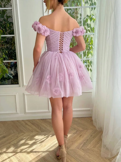 Elegant Purple Off-the-shoulder A-Line Tulle Short Prom Dresses Homecoming Dress RF0726