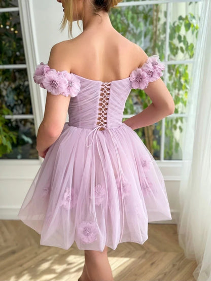 Elegant Purple Off-the-shoulder A-Line Tulle Short Prom Dresses Homecoming Dress RF0726