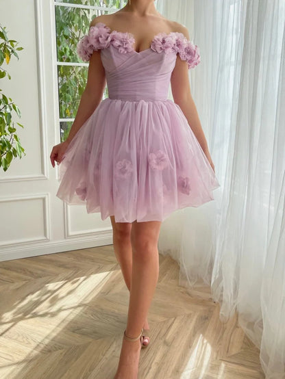 Elegant Purple Off-the-shoulder A-Line Tulle Short Prom Dresses Homecoming Dress RF0726