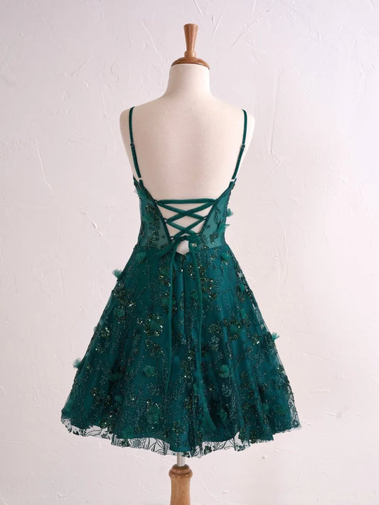 Gorgeous Green Spaghetti Straps A-Line Tulle Applique Short Prom Dresses Homecoming Dress with Sequins RF0727