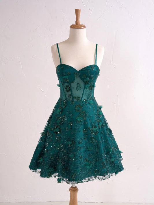 Gorgeous Green Spaghetti Straps A-Line Tulle Applique Short Prom Dresses Homecoming Dress with Sequins RF0727
