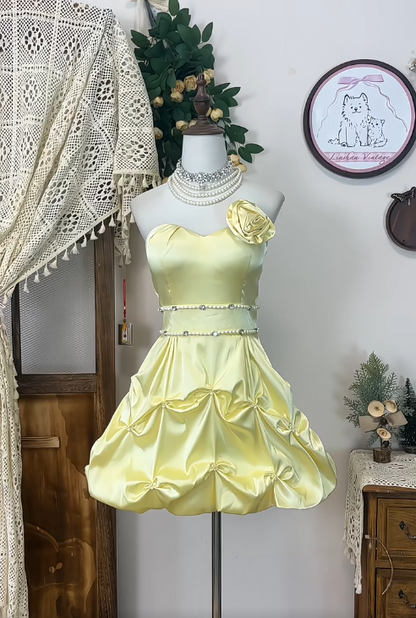 Gorgeous Butter Yellow Strapless A-Line Satin Short Prom Dresses Homecoming Dress RF0730