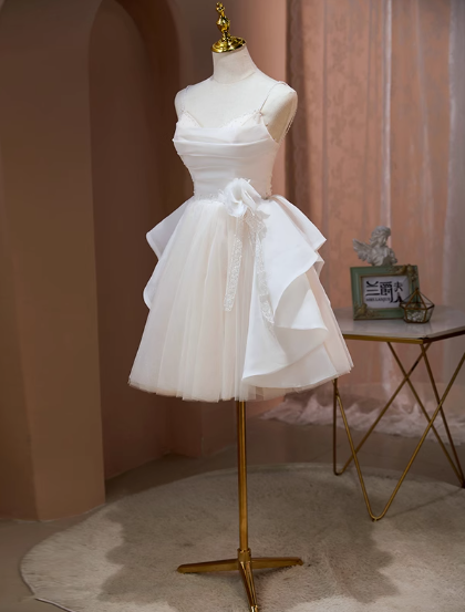 Pretty White Spaghetti Straps A-Line Tulle Short Prom Dresses Homecoming Dress RF0740