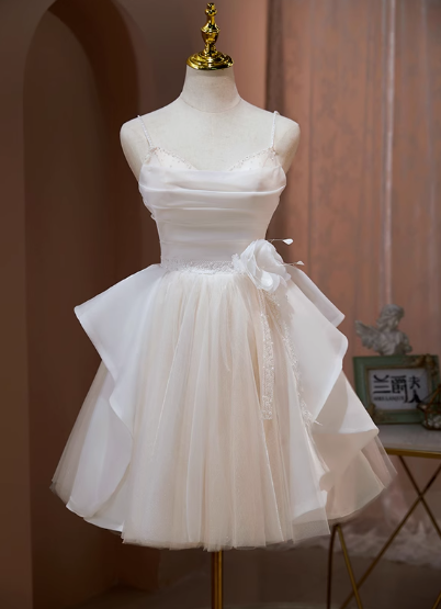 Pretty White Spaghetti Straps A-Line Tulle Short Prom Dresses Homecoming Dress RF0740