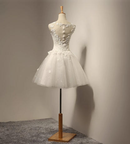 Simple White Round Neck A-Line Tulle Applique Short Prom Dresses Bridesmaid Dress RF0741