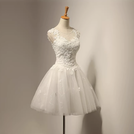 Simple White Round Neck A-Line Tulle Applique Short Prom Dresses Bridesmaid Dress RF0741