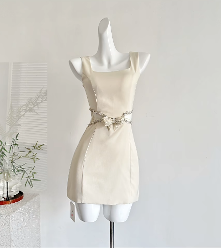 Elegant Apricot Square Neck Bodycon Satin Short Party Dresses Homecoming Dress with Bow RF0742