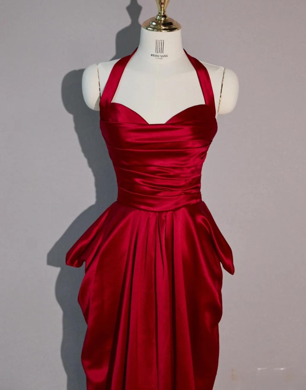 Glam Red Halter Neck Sheath Satin Long Prom Dresses Formal Evening Dress RF0743