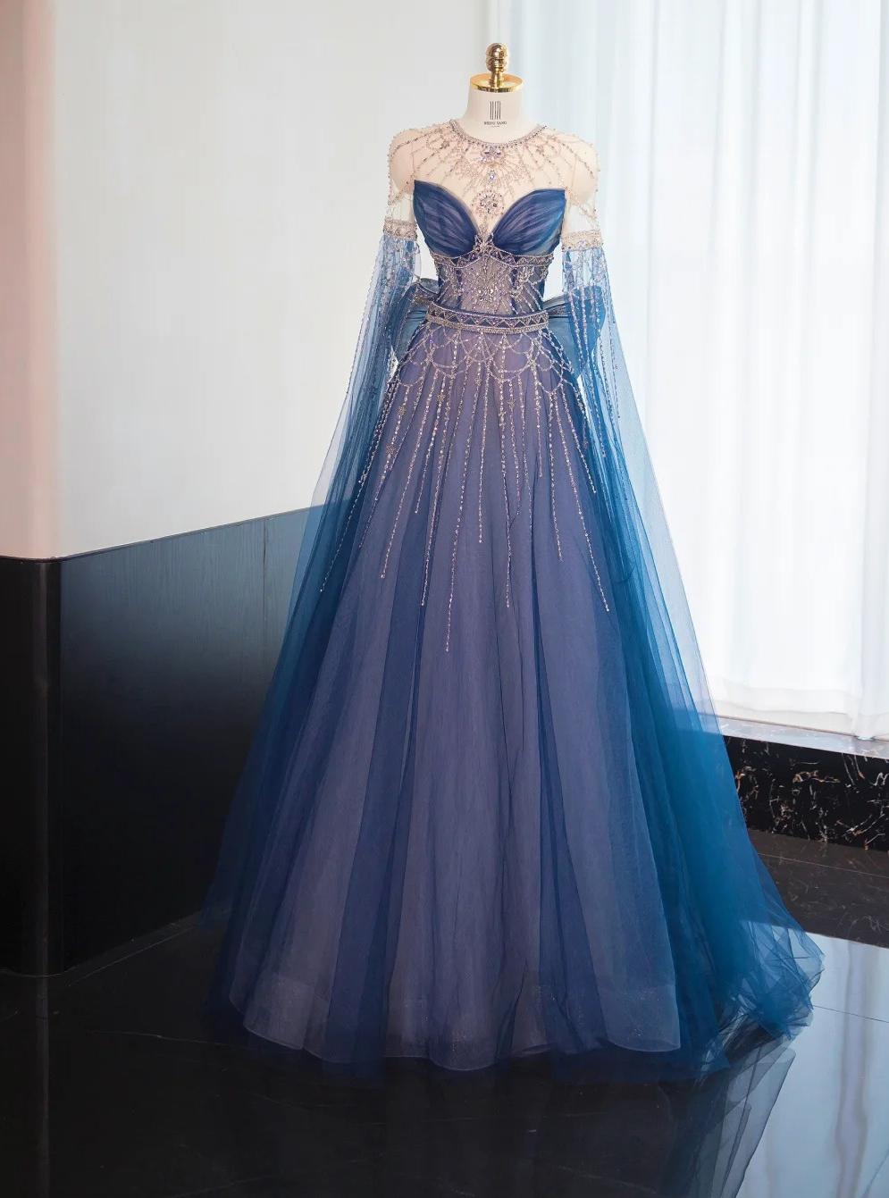 Wunderschönes marineblaues A-Linien-Ballkleid mit Rundhalsausschnitt und Perlenbesatz in Tüll, langes Ballkleid, formelles Abendkleid RF0744