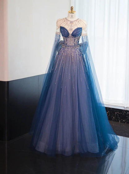 Wunderschönes marineblaues A-Linien-Ballkleid mit Rundhalsausschnitt und Perlenbesatz in Tüll, langes Ballkleid, formelles Abendkleid RF0744