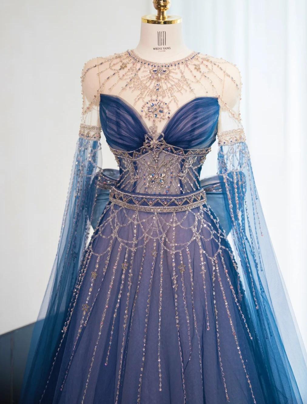 Wunderschönes marineblaues A-Linien-Ballkleid mit Rundhalsausschnitt und Perlenbesatz in Tüll, langes Ballkleid, formelles Abendkleid RF0744