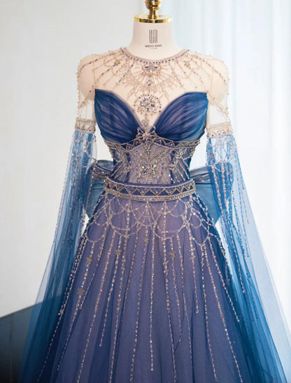 Wunderschönes marineblaues A-Linien-Ballkleid mit Rundhalsausschnitt und Perlenbesatz in Tüll, langes Ballkleid, formelles Abendkleid RF0744
