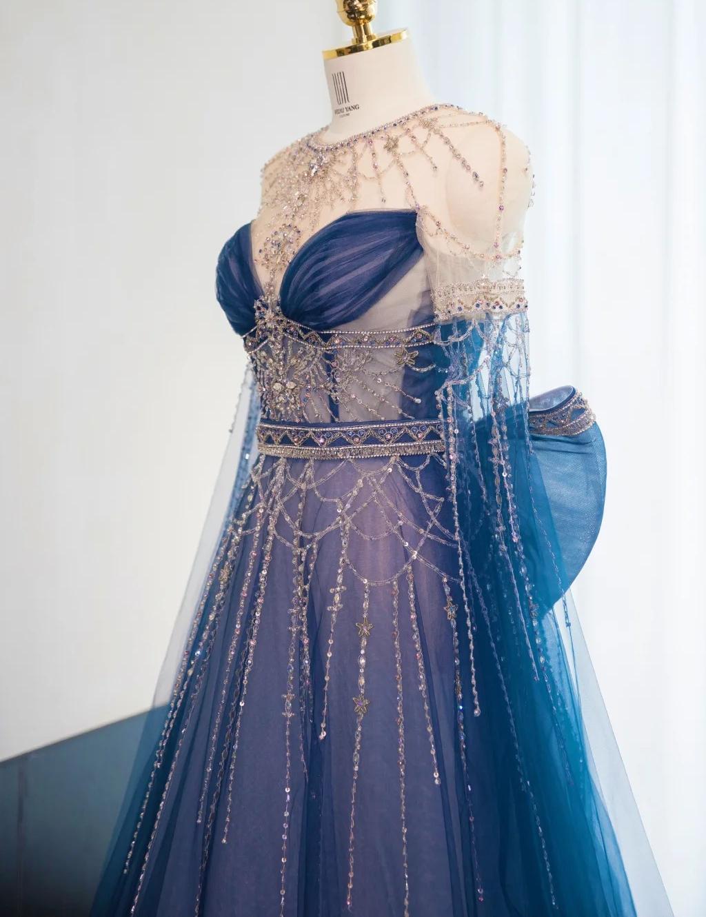 Wunderschönes marineblaues A-Linien-Ballkleid mit Rundhalsausschnitt und Perlenbesatz in Tüll, langes Ballkleid, formelles Abendkleid RF0744