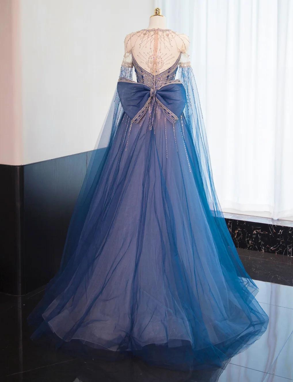 Wunderschönes marineblaues A-Linien-Ballkleid mit Rundhalsausschnitt und Perlenbesatz in Tüll, langes Ballkleid, formelles Abendkleid RF0744