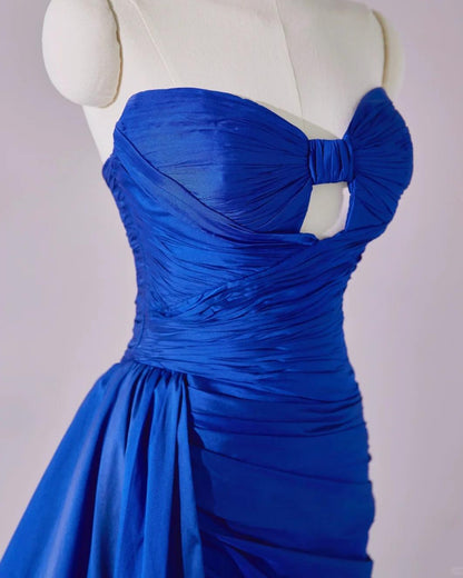 Elegant Royal Blue Strapless Mermaid Satin Long Prom Dresses Formal Evening Dress RF0745