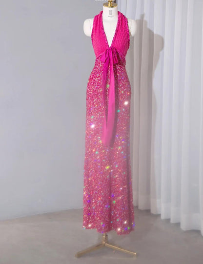 Superbe robe de soirée longue fuchsia à col en V et paillettes en dentelle RF0746