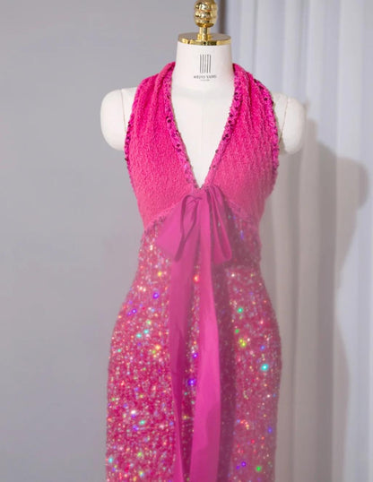 Superbe robe de soirée longue fuchsia à col en V et paillettes en dentelle RF0746
