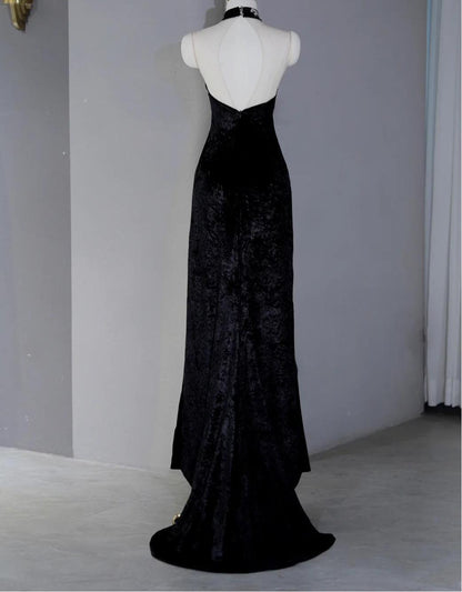 Elegant Black Strapless Mermaid Velvet Long Prom Dresses Formal Evening Dress RF0747