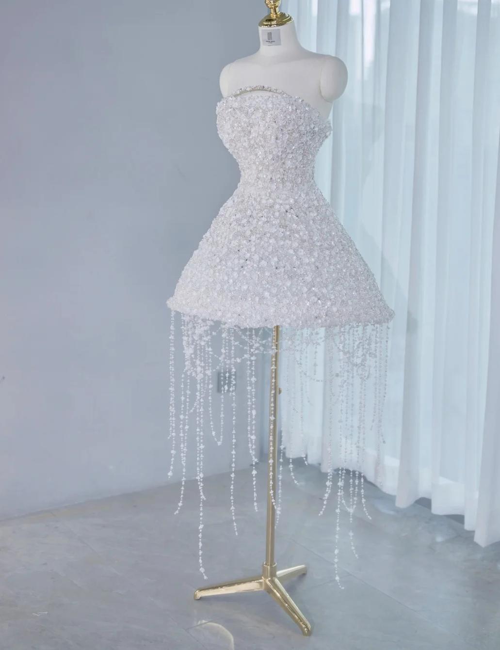 Gorgeous White Strapless A-line Tulle Beaded  Prom Dresses Homecoming Dress RF0748