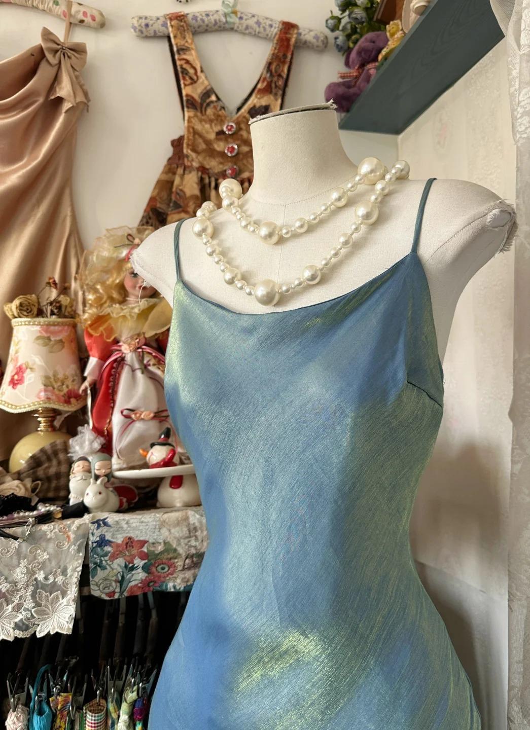 Vintage Glitter Blau Spaghetti Strap Etuikleid Satin Lange Ballkleider Formales Abendkleid RF0750