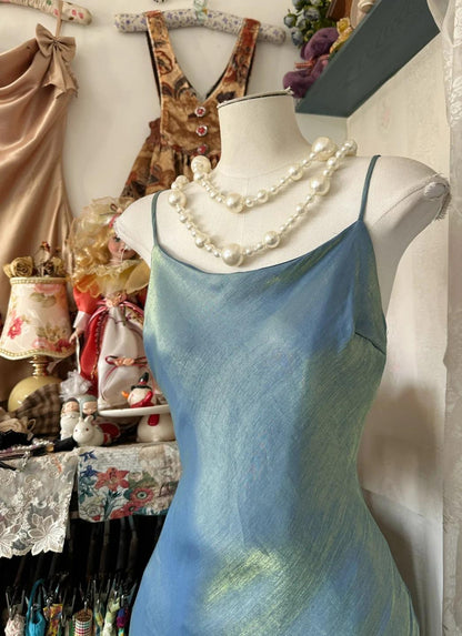 Vintage Glitter Blau Spaghetti Strap Etuikleid Satin Lange Ballkleider Formales Abendkleid RF0750