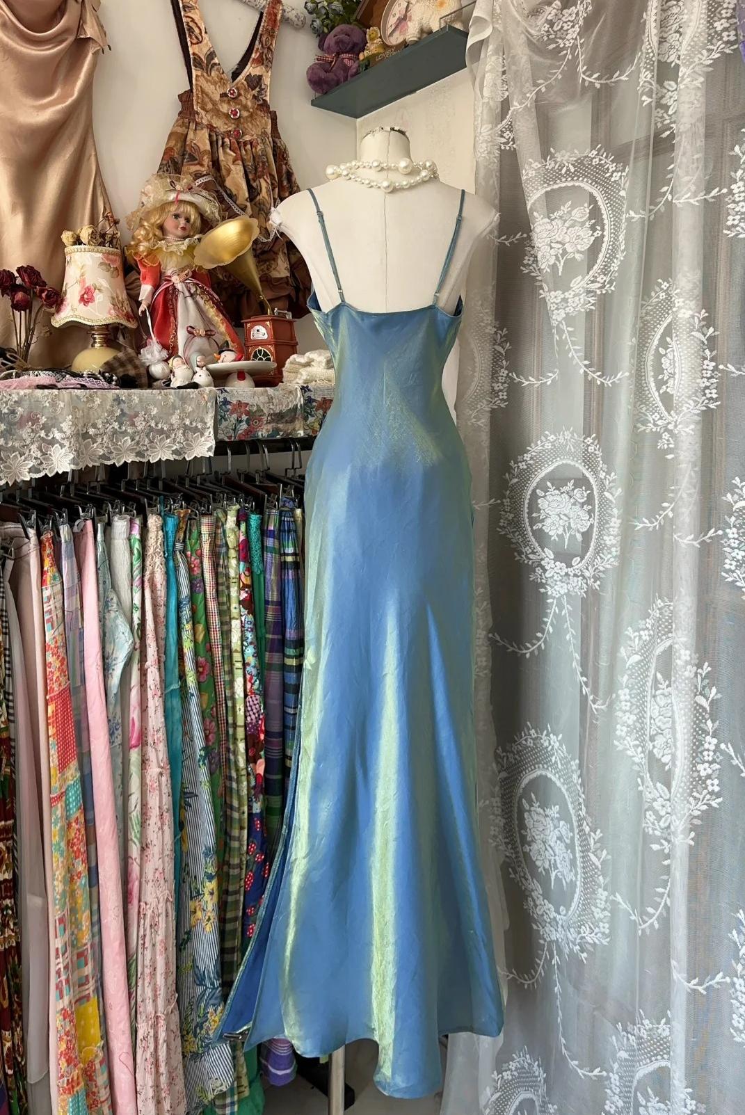 Vintage Glitter Blau Spaghetti Strap Etuikleid Satin Lange Ballkleider Formales Abendkleid RF0750