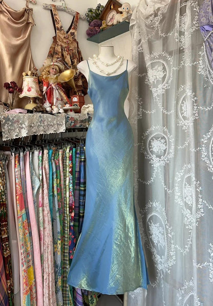 Vintage Glitter Blau Spaghetti Strap Etuikleid Satin Lange Ballkleider Formales Abendkleid RF0750